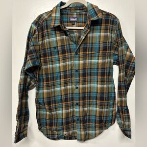 Patagonia Mens Organic Cotton Blue Green Flannel Button Down Shirt Size Small